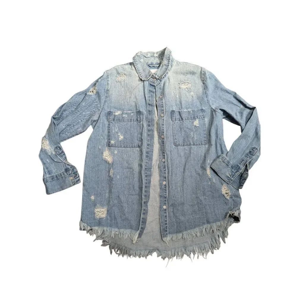 Pistola distressed denim frayed hem shacket Small